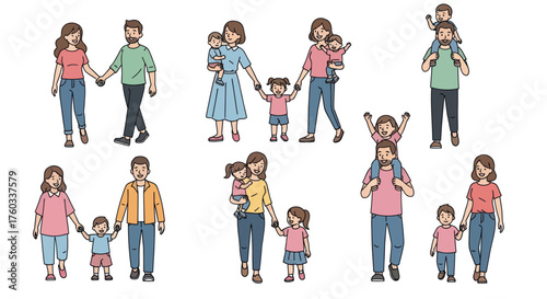 Diverse Families: Cartoon Illustrations of Parents and Children Holding Hands or Piggybacking.