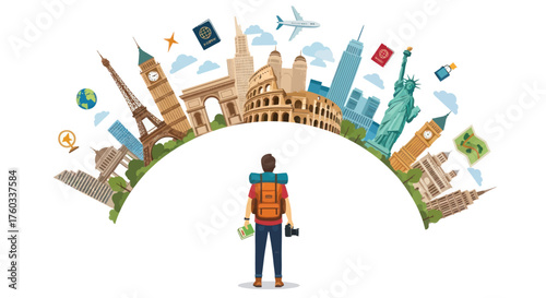 Adventurous traveler gazes at iconic global landmarks and destinations.