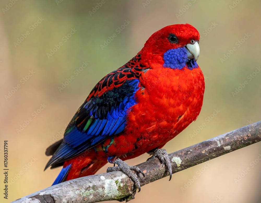 Obraz premium A vibrant bird with striking red, blue, and black plumage perched on a branch, showcasing detailed feathers