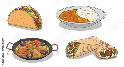 Assortment of Delicious Colorful and Appetizing International Food Dishes.