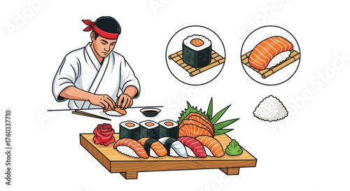 Illustration of a Japanese chef preparing a traditional platter of assorted sushi nigiri and sashimi.