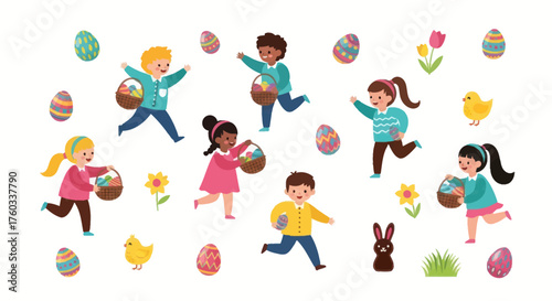 Diverse group of happy children celebrating Easter with colorful eggs and chicks.