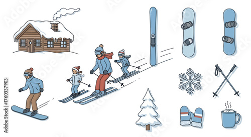 Hand-drawn doodle set of winter sports and vacation elements including a skiing family and cabin.