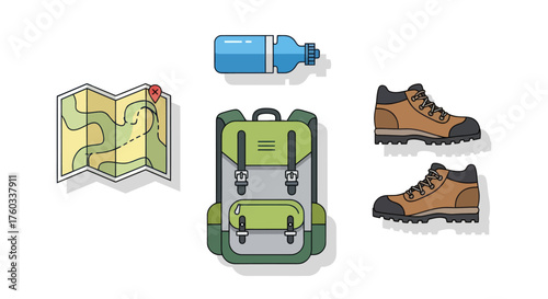 Essential Hiking and Camping Gear Illustration with Backpack Boots Map and Water Bottle.