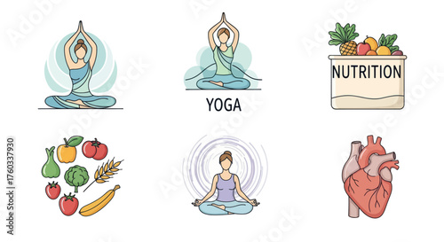 Healthy Lifestyle Icons: Yoga Nutrition and Heart Health.