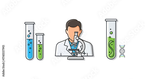 Scientist examining samples with microscope and test tubes DNA helix.