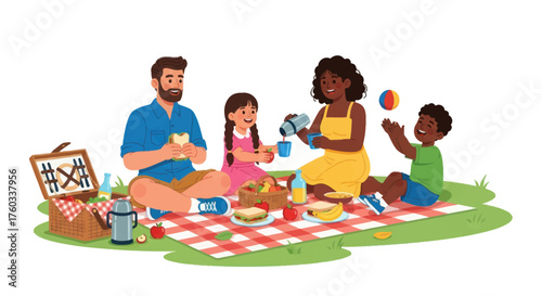 Family enjoying a picnic on a checkered blanket in a park setting.
