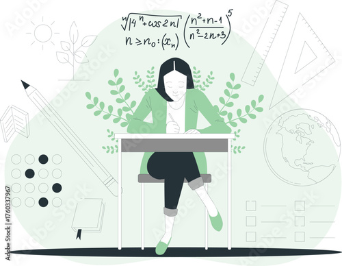 Student studying at a desk surrounded by educational symbols and mathematical formulas learning