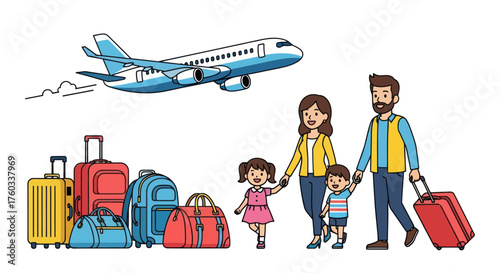 Happy family with luggage and airplane ready for vacation travel.
