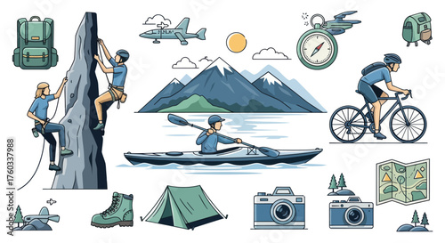 Diverse Outdoor Adventure Activities and Equipment Collection.