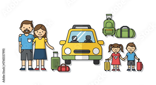 A cartoon family with parents and two children standing by their yellow car with luggage ready for a road trip.