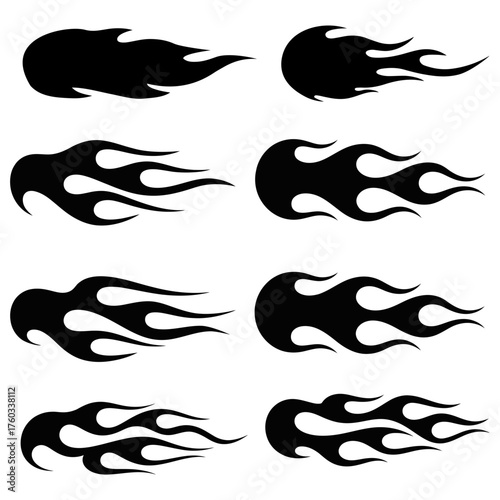 Six black flame graphics on a black background