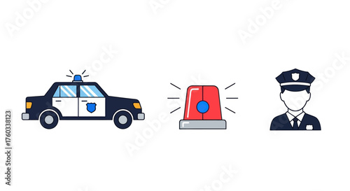 Police Car Siren and Officer Icon Set.