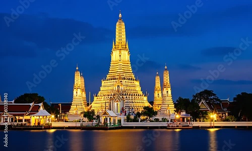 Wat Arun Temple Illuminated at Night on the Chao Phraya River Bangkok thailand