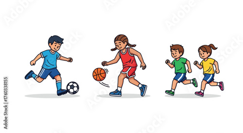 Cartoon Children Playing Soccer and Basketball Running Together.