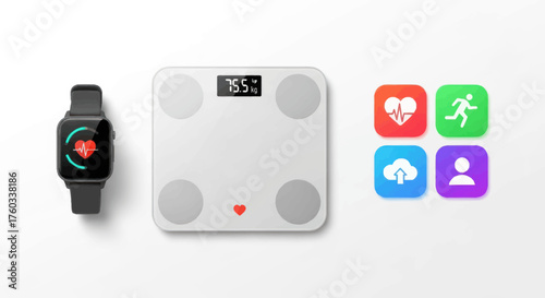 Smartwatch Digital Scale and Health App Icons for Fitness Tracking.