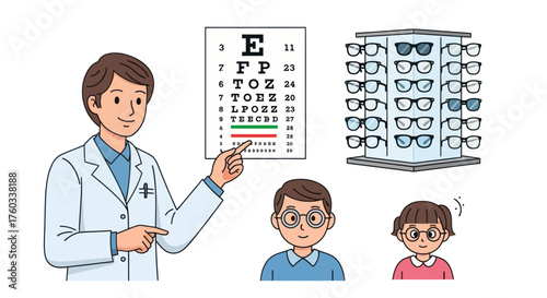 Doctor Pointing at Eye Chart with Spectacle Display and Patients.
