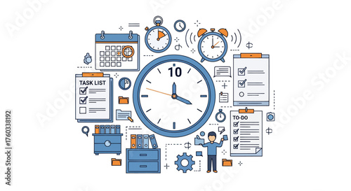 Business Time Management Concept with Clock Calendar and Productivity Icons.
