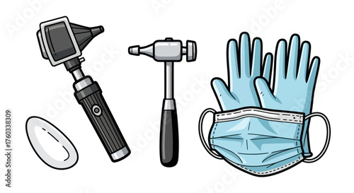Essential Medical Examination Tools and Personal Protective Equipment Illustration.
