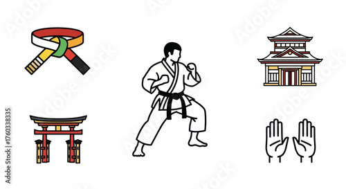 Karate Martial Arts Icons: Fighter Belt Torii Gate Building and Hands.
