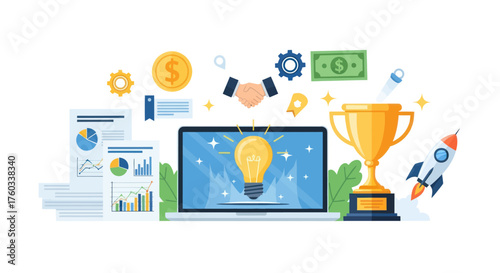 Digital Business Innovation and Startup Success Concept with Laptop Trophy and Financial Elements.