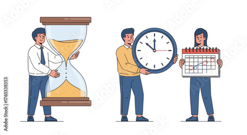 A set of illustrated people holding large time management symbols: an hourglass a clock and a calendar.