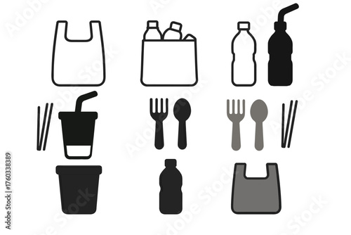 Minimalist Plastic Waste Icons Set