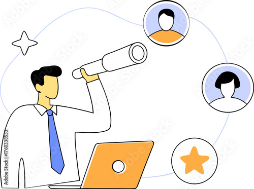Businessman Laptop Telescope Lineart Vector: Innovation and Future Vision Concept