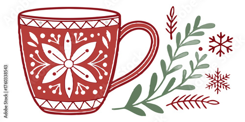 Cozy festive mug with snowflakes and winter foliage, perfect for holiday cheer and seasonal greetings.