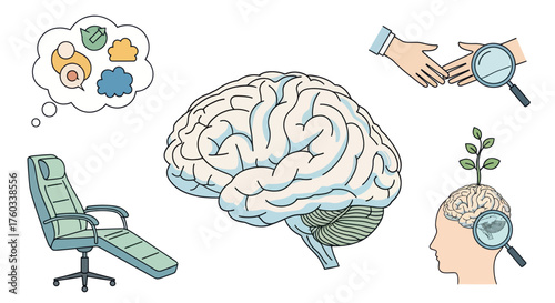 Illustration of Human Brain with Associated Concepts of Psychology and Growth.