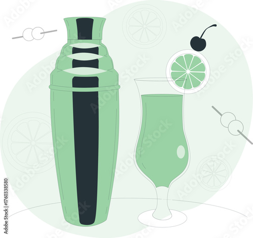 Cocktail shaker and glass with citrus slices and cherry garnish drink beverage