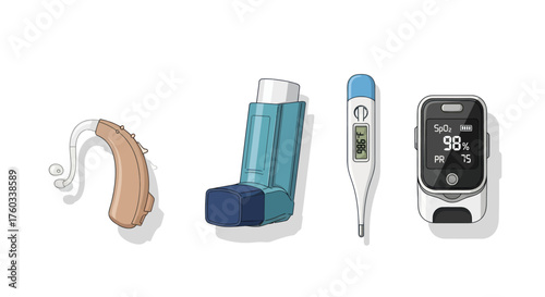 Medical Devices: Hearing Aid Inhaler Thermometer and Pulse Oximeter.