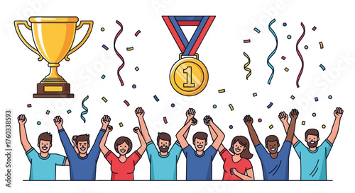 Group of People Celebrating Victory with Trophy and Medal.
