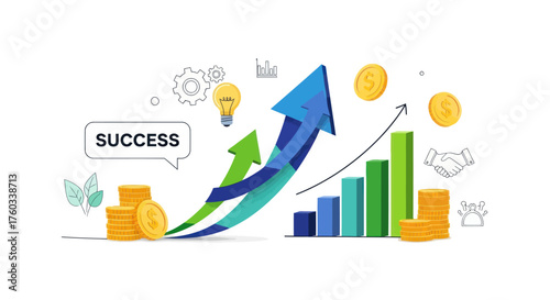 Upward Growth Arrows and Bar Chart Illustrating Financial Success and Progress.