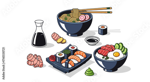 Assorted Japanese Cuisine: Sushi Ramen and Rice Bowl Arrangement.