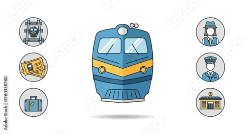 Colorful illustration of a blue and yellow train engine with surrounding icons.