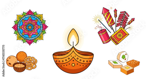 Diwali Celebration Elements: Rangoli Diya Lamp Crackers and Sweets.
