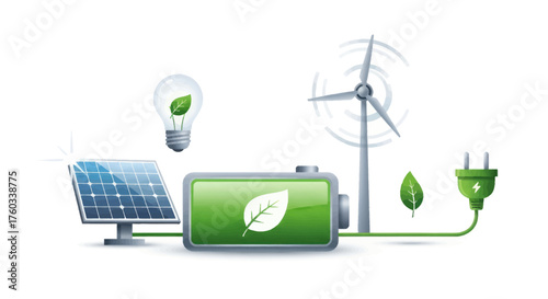 Renewable green energy concept with a solar panel wind turbine and eco-friendly battery storage system.