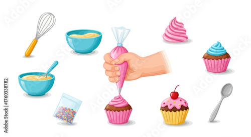 Hand decorating cupcakes with pink frosting using a piping bag surrounded by baking ingredients and tools.