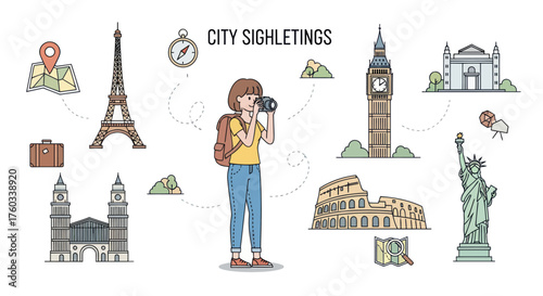 Female Tourist Photographing Famous Global City Landmarks Illustration.
