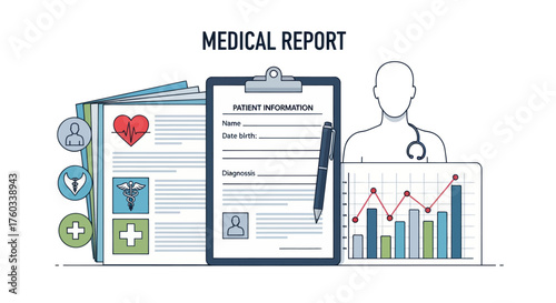 Medical Report Illustration with Clipboard Patient Information and Healthcare Symbols.