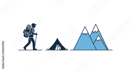 Hiker with Backpack Tent and Mountains: Outdoor Adventure Illustration.