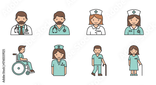Diverse Healthcare Staff and Patient Avatars Icon Set.