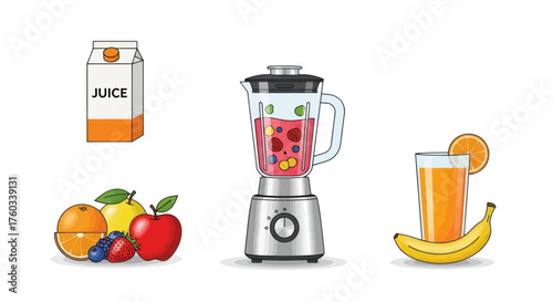 Fresh Fruit Smoothie Preparation with Blender Juice Box and Glass of Orange Juice.