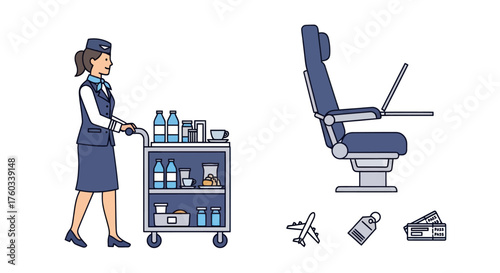 Flight attendant with service cart and airplane seat with laptop.