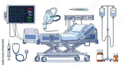 Hospital Medical Equipment Set with Bed Monitor IV Drip and Tools.