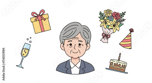 Elderly mans birthday celebration with cake gifts flowers and champagne.