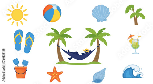 Relaxing Person in Hammock Between Palm Trees on Beach.