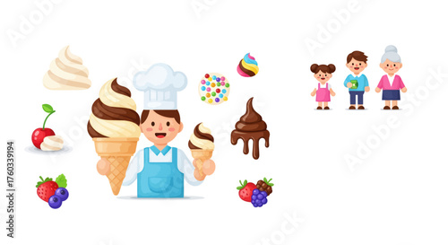 Cheerful Ice Cream Chef with Assorted Frozen Treats and Family.