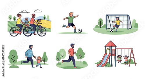 Diverse family and children enjoying outdoor recreational activities.